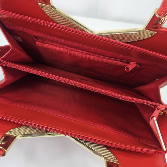 Retro Inspired Glossy Statement Handbag Red Gold Accents Acrylic Shoulder Purse - Picture 8 of 14